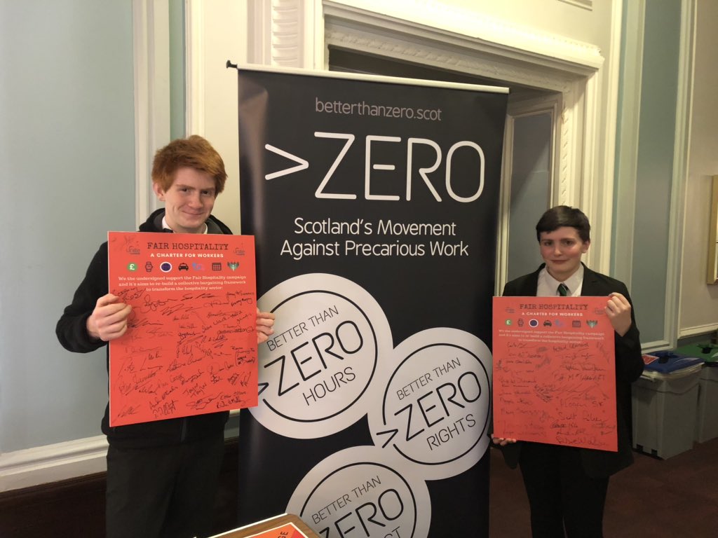 FairHospitality's tweet image. These school students helped lead the #climatestrike across Scotland. Today they will be bringing their inspiring message to the #stuc19 and have supported our campaign for #FairHospitality and an end to zero-hour contracts.