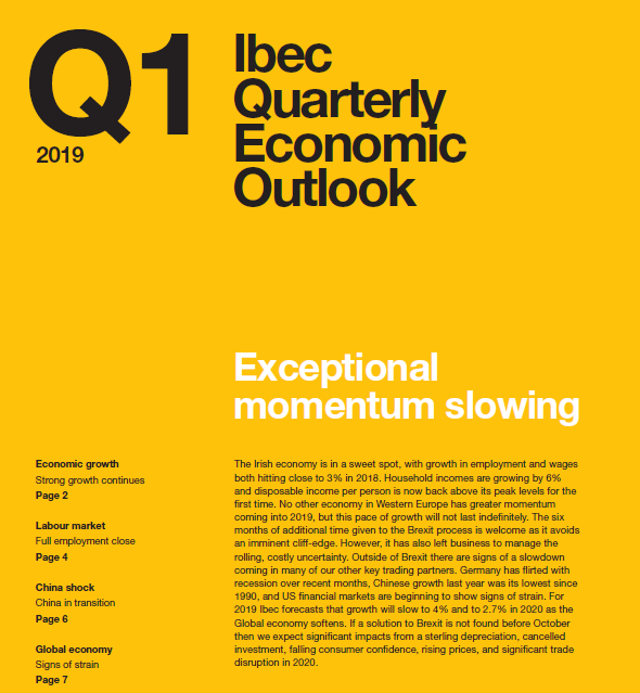 ibec_irl's tweet photo. Buoyant investment drives economy but Ireland's exceptional momentum is slowing down. For more, Ibec's Economic Outlook Q1 2019 report.
https://t.co/BKQxGJnn6z https://t.co/lYu9J8UgJg