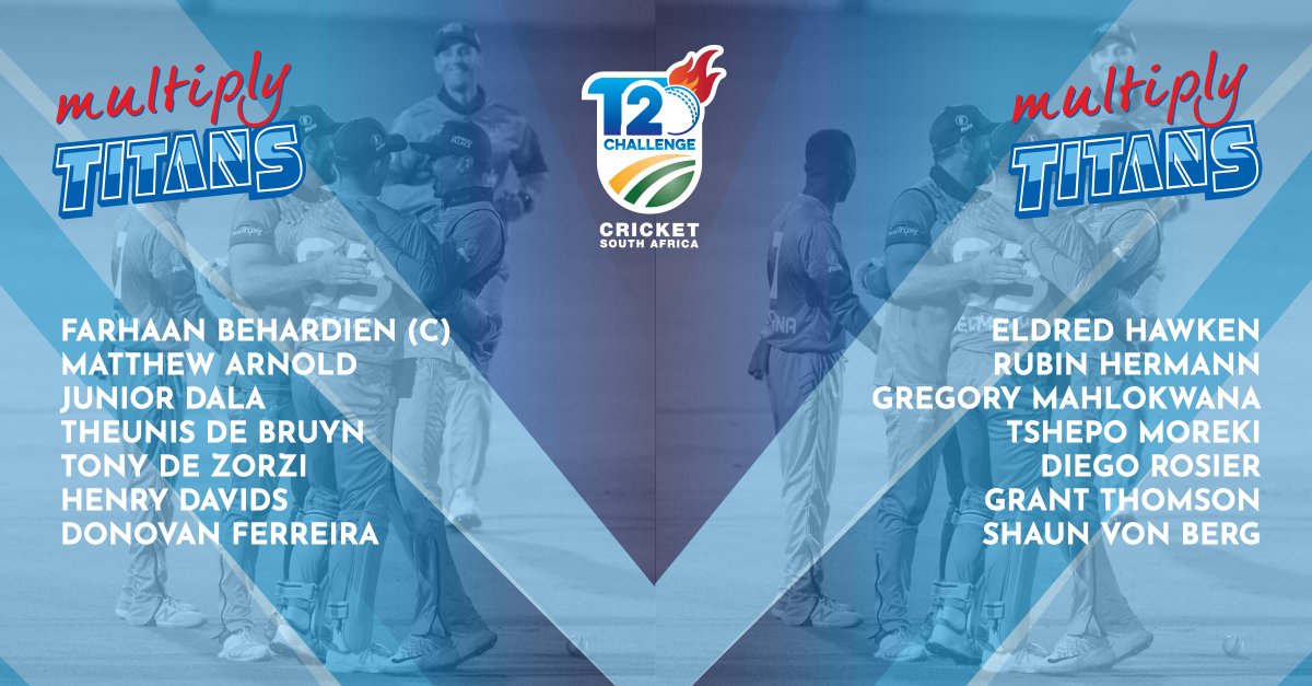 Titans_Cricket's tweet photo. SQUAD NEWS: Mark Boucher names his 14-man squad to face the bizhub Highveld Lions tomorrow night, at the Bidvest Wanderers. #JukskeiDerby #T20Challenge https://t.co/h5PHC96FSQ