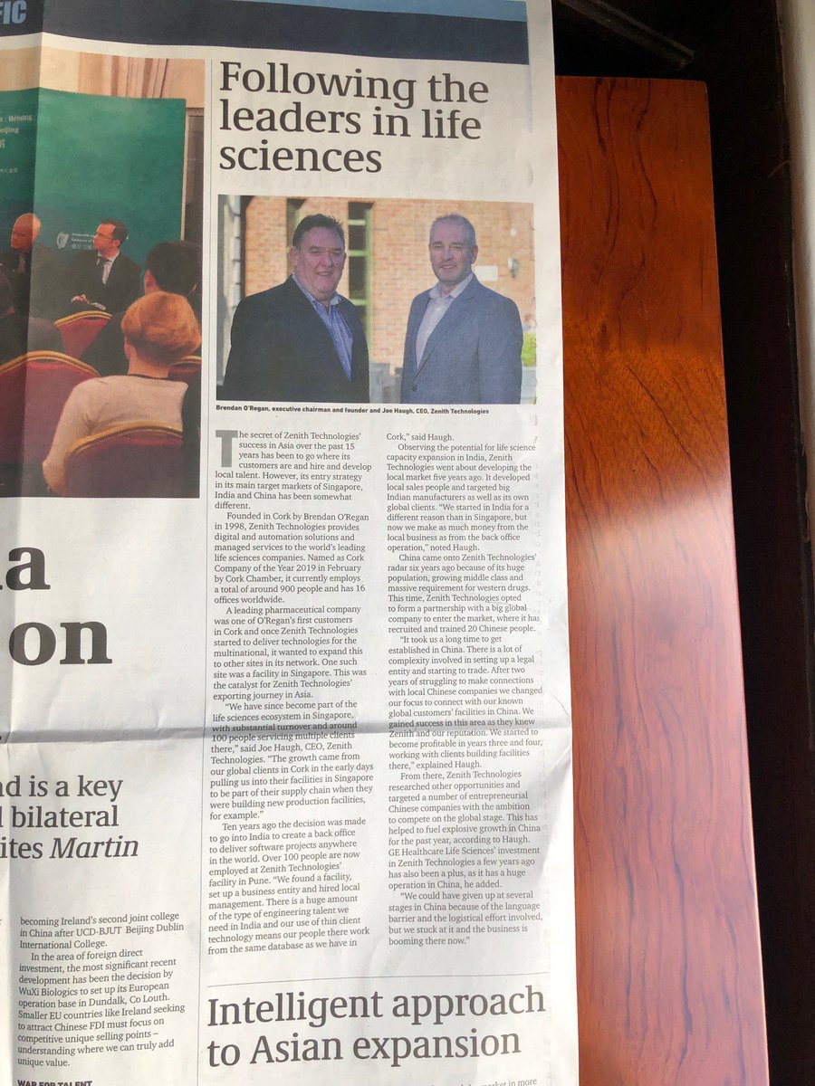 ZT_Global's tweet photo. [Featured #Press Article] Zenith's leaders Brendan O'Regan and Joe Haugh discuss #asia growth and expanison in an article for @IrishTimes #lifesciences #pharma #automation #pauto #irishtimesh #China #Singapore #India #zenithtechnologies #poweringpatienthealth https://t.co/fFC4uV7MxX