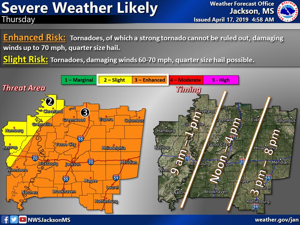 NWSJacksonMS's tweet photo. Severe thunderstorms are expected on Thursday. Tornadoes, damaging wind gusts, and large hail will all be possible - especially across portions of northeast Louisiana and much of central and southern Mississippi.  Please stay tuned for updates as this weather event approaches. https://t.co/i4JNkhVU1m