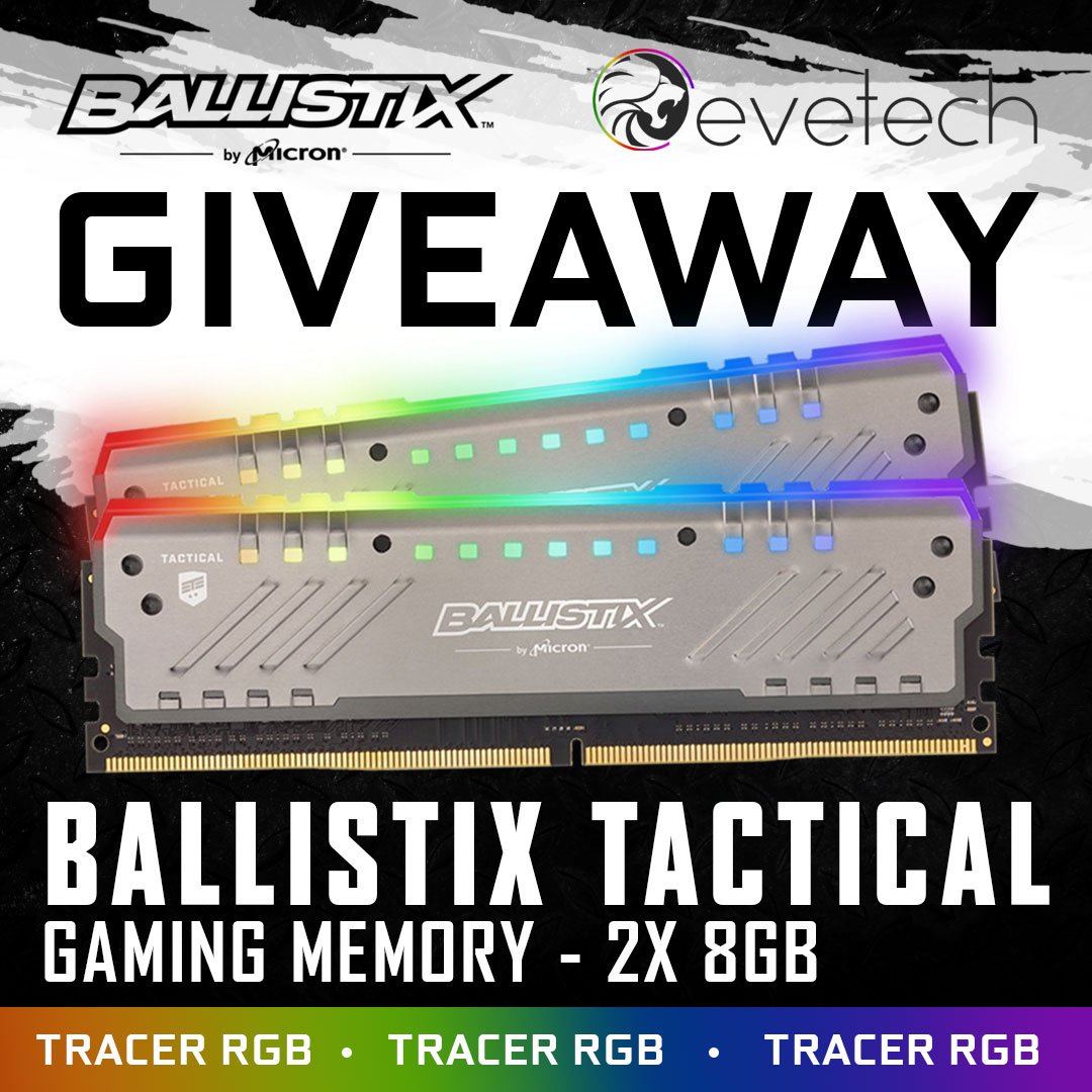 Evetech's tweet photo. 🎉🎉EVETECH TWITTER GIVEAWAY🎉🎉

🎁 @ballistixgaming Tactical Tracer RGB DDR4 RAM 16GB (2x 8GB)

TO ENTER:
👋 Tag Your Friends
💞 Retweet, Like &amp; Follow @Evetech 
💬 Entries close 29 April 2019 

Illuminate your rig with with #Ballistix, at @Evetech: https://t.co/YurP94MBHu https://t.co/aMZYaNavzt