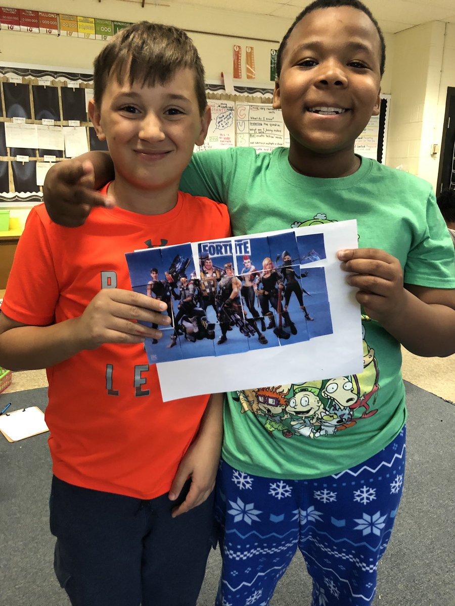 Mrs_Pfeifer_3's tweet photo. Low prep, high reward! Ss worked with a partner to solve fraction word problems. If correct, students got a piece of a puzzle.  Students worked so hard to earn all the pieces to put together the mystery picture. @KJenningsJr @JoppaViewES https://t.co/qTXN0Pm3zY