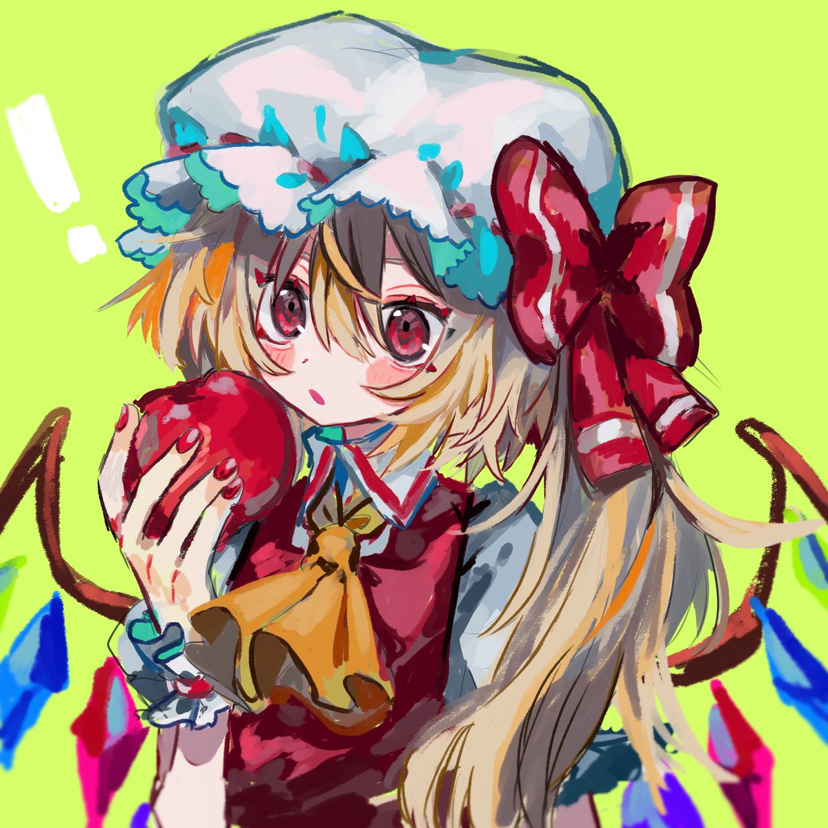 flandre scarlet 1girl apple solo hat blonde hair wings food  illustration images