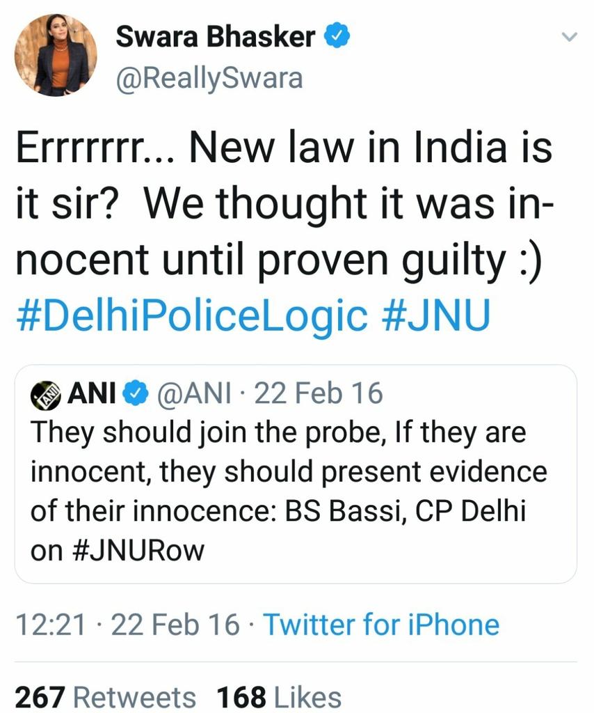 <a href="/ReallySwara/">Swara Bhasker</a> Kanhaiya is 'innocent' until proven guilty but Sadhvi Pragya, who has been acquitted in the Malegaon blast case, is still an 'accused'.
Is vibrator battery down??