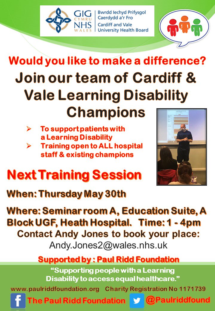 Paulriddfound's tweet photo. Do you work in @CV_UHB hospital?? We Need You! Please share this post! #LDChamp Champions are crucial to improve access to good healthcare for people with #learningdisability book your place now Email andy.jones2@wales.nhs.uk @Health_Charity @UoC_LD @LdWales https://t.co/l7fMAaJVe7