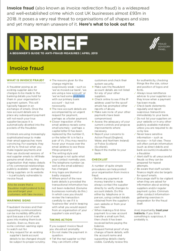 Fraud_Panel's tweet image. Warning signs for Invoice Fraud:
Closer inspection of the email address reveals some small anomaly – perhaps a capital letter O has been replaced by the number 0, or the letter W is in fact a pair of Vs. #InvoiceFraud
bit.ly/2IgzzVe