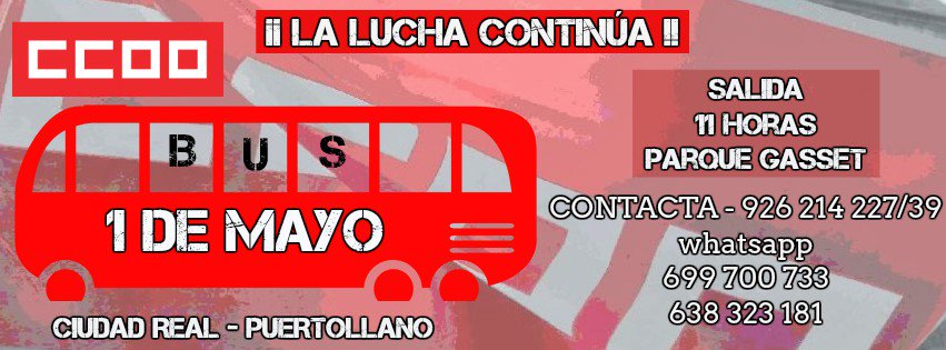 ccoociudadreal's tweet photo. #PrimeroLaClaseObrera
La lucha continúa en las calles el #1deMayo. Ven con nosotros y nosotras en nuestros autobús gratuito a #Puertollano. Recuerda que también marchamos en #AlcazardeSanJuan #1deMayoCCOO https://t.co/oi3NNdeRpD