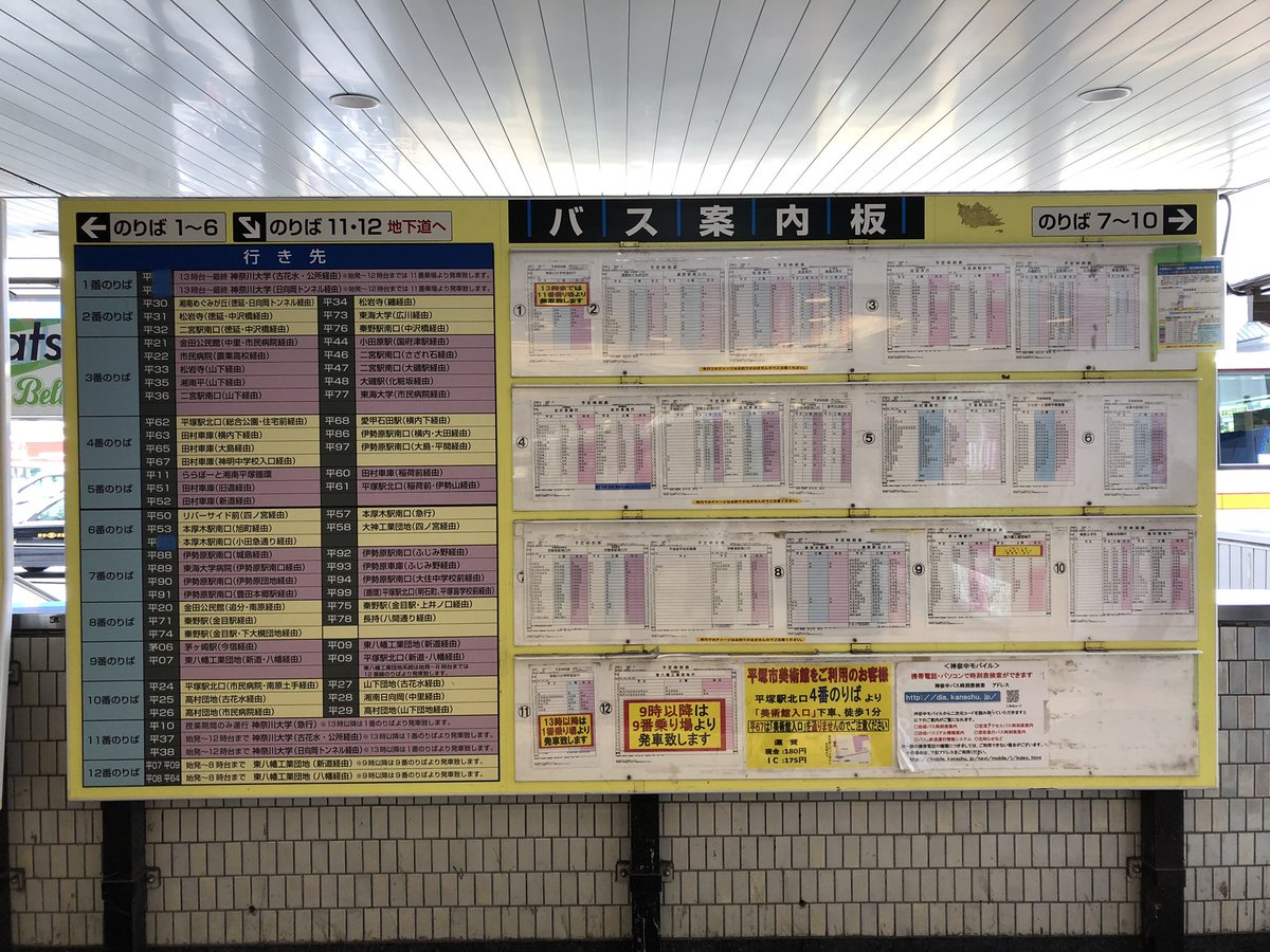 Twitter 上的 Hiro Murackami 平塚駅北口 相変わらずのバス案内板 終点と時刻表だけを見せられても 行きたいところにバス が行ってるかどうかが判らなければ バスに乗ろうかどうか決められないだろうに と思う T Co De06xhk6ro Twitter