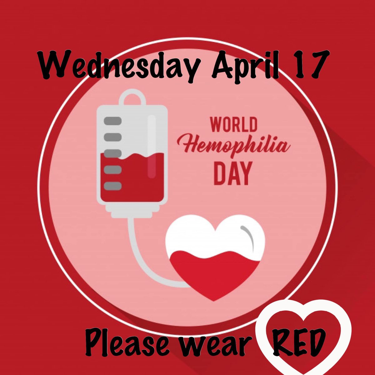 WPABDF's tweet photo. Today is World Hemophilia Day!
No matter where you are, please be a part of the #LightItUpRed Campaign by wearing red, putting a red light bulb in your porch light, or lighting a red candle. #WorldHemophiliaDay, #WHD2019, #bleedingdisorders, #TreatmentforAll #ShowYourRed https://t.co/0LeK6kDwsS