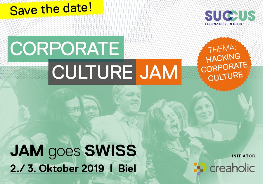 SAVE THE DATE - Gemeinsam mit @AUT_Innovation bringen wir das etablierte Format im Bereich #Unternehmenskultur, den Corporate Culture Jam (#ccjam), in die CH: Am 2.+3.10.2019 wird es unter dem Motto „Hacking Corporate Culture“ bei uns in bunt und jammig: bit.ly/2vbNxz6