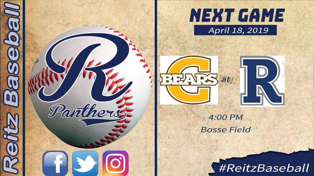 GamedayReitz's tweet photo. ⚾️Reitz Baseball
🆚 @CHSBearsBasebal
📅 Thur April 18
⏰ 4:00PM
📍Bosse Field
🚗Directions:https://t.co/lMia5tfinl
🌤https://t.co/UGuU8qNrYl
📊 Live Stats: https://t.co/cLcB7nXfvR
🎥 Live Video: https://t.co/xT9LNDXdAL
📄Roster: https://t.co/Q6olNM462c
#ReitzBaseball https://t.co/6mxha2YcJW