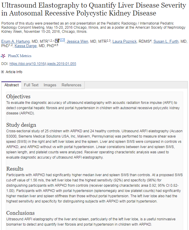 CHOPRadiology's tweet image. Dr. Kassa Darge and colleagues show that #US #ARFI elastography of liver and spleen can be used as a noninvasive biomarker for portal hypertension and liver fibrosis in kids with #ARPKD @JPediatr jpeds.com/article/S0022-…