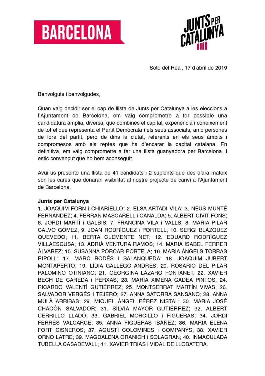 quimforn's tweet photo. Avui hem registrat la llista de @JuntsxCatBCN, una candidatura oberta i transversal que combina talent, experiència i coneixement com cap altra. La candidatura guanyadora el pròxim 26M, i que farà possible el canvi que Barcelona necessita i que una majoria de ciutadans reclama. https://t.co/mIqbAcZOBu