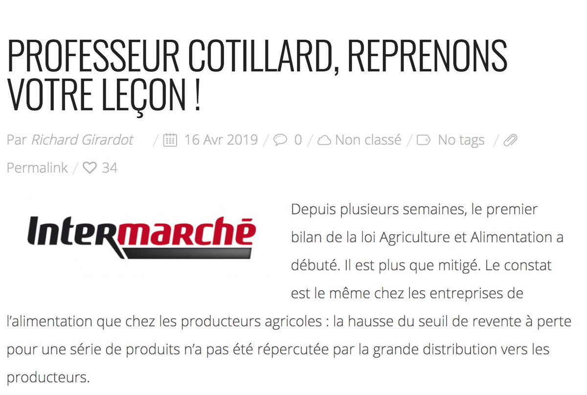 Je réponds à la lettre ouverte publiée dans <a href="/LesEchos/">Les Echos</a> de Thierry Cotillard, président <a href="/intermarche/">Intermarché</a> sur les suites de la loi #EGAlim et la poursuite de la guerre des prix ▶️ richardgirardot.fr/professeur-cot…