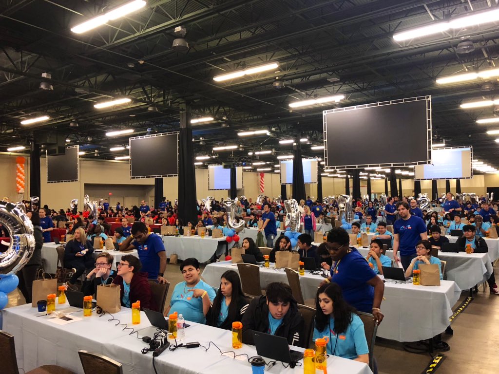 Today, we’re partnering with <a href="/MLHacks/">Major League Hacking (MLH)</a> in an attempt to break the <a href="/GWR/">Guinness World Records</a> for the largest #AI programming lesson! More than 700 students from across DFW are working hard to create their very own chatbots! How cool is that? #FutureEdge