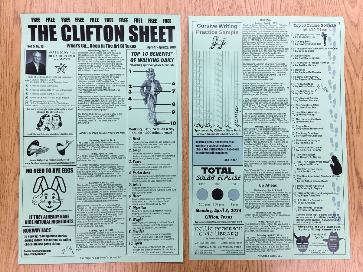 This week’s print edition of the Clifton Sheet is out! Check it out - front and back!
.
.
#CliftonTexas #CliftonTX #MyClifton #MyCliftonTX #UpcomingEvents #TexasLife #TexasTravel #MyTexas #ExploreTexas #TexasLiving #NorwegianCapitalOfTexas #Highway6 #TexasHighways #Texas