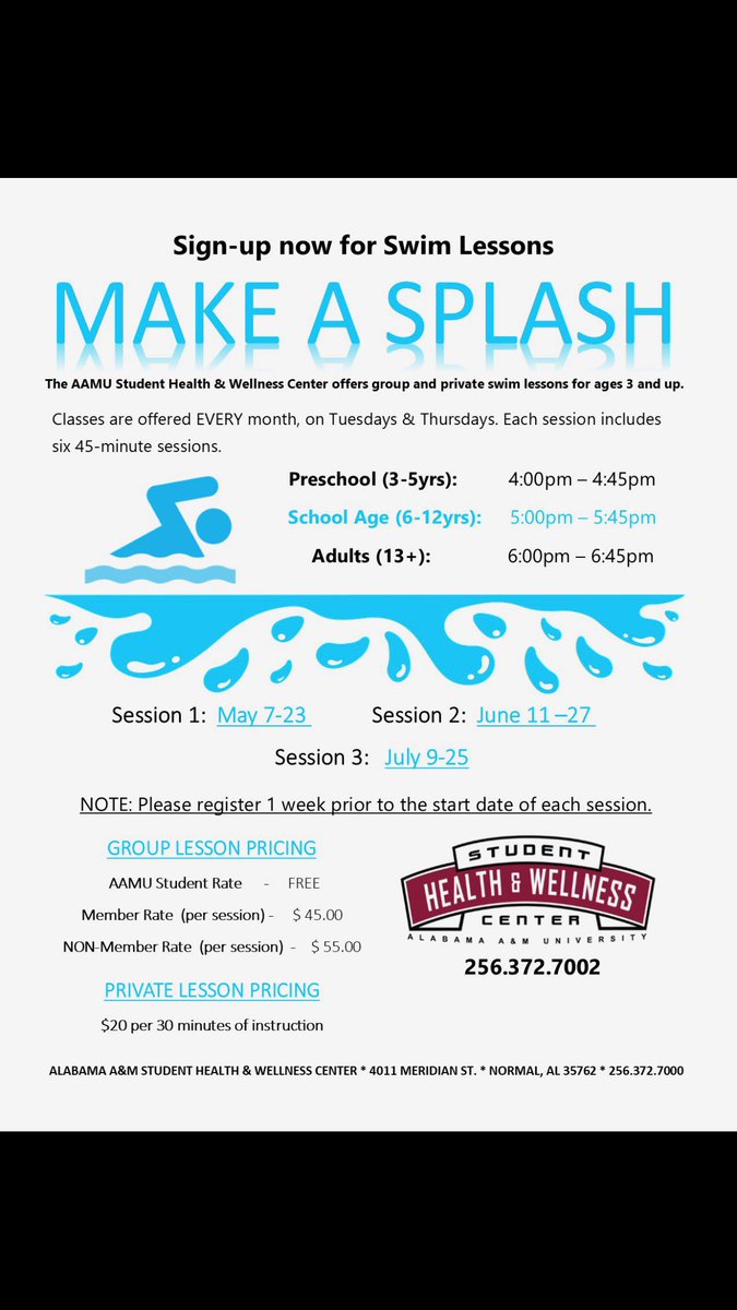 AAMUwellness's tweet image. Splash into the summer with our new swim classes! 🏊🏾‍♀️ #BULLDOGSSTRONG #SHWC
