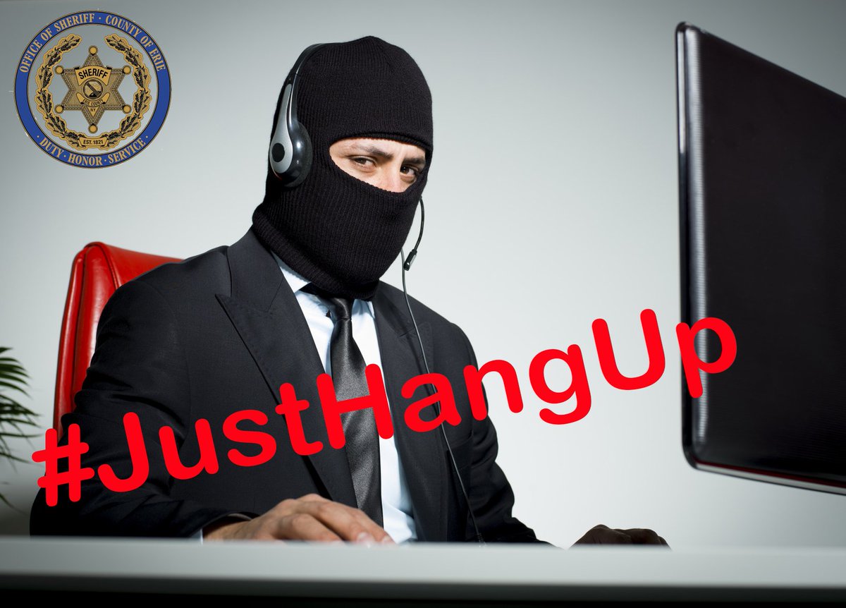 ErieCoSheriff's tweet photo. Our most senior Detective just received a phone scam call about a relative in jail who needs bail $$. After he had a little fun with them and recorded important info he hung up. REMINDER #JustHangUp https://t.co/MfxMu1kyqx