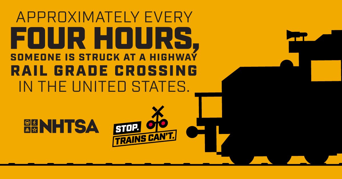 USDOTFRA's tweet photo. It happens more than you think: About every 4 hours, a person or vehicle is hit by a train at a rail crossing. Click here to learn more: https://t.co/cI4YLyApA1 #StopTrainsCant. https://t.co/Bs79OZrmSL