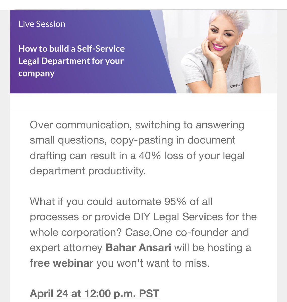 caseoneofficial's tweet photo. our free webinar hosted by @baharansarilaw is happening in 1 week! 😊🎉 April 24th at 12pm PST! https://t.co/TpEdwQVxoi Attendees for the webinar are automatically entered into drawing for a chance to win $500.00 Amazon Gift Card ✨⁣⁣#webinar #freewebinar #legaltech #legal #law https://t.co/b9g6PRlBCc