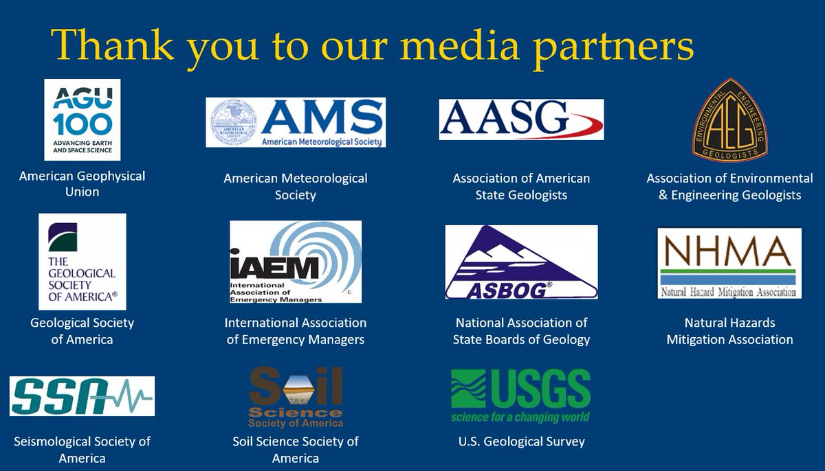 Thank you again to our media partners as well: <a href="/theAGU/">AGU (American Geophysical Union)</a>, <a href="/ametsoc/">American Meteorological Society</a>, the Association of American State Geologists, <a href="/AEGweb/">AEG</a>, <a href="/geosociety/">geosociety</a>, <a href="/iaem/">IAEM</a>, <a href="/ASBOG_ORG/">ASBOG</a>, @nhma, the Natural Hazards Mitigation Association, <a href="/SeismoSocietyAm/">SSA</a>, <a href="/SSSA_soils/">Soil Science Society of America</a>, and <a href="/USGS/">USGS</a>. 
#CIWebinar