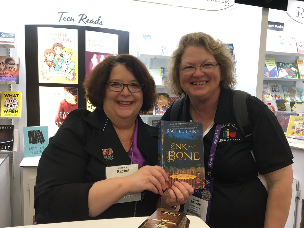 Rachel Caine signed my copy of Ink and Bone!! And my author chair, too. Love her books! #fangirl #authorsaremyrockstars #TxLA19 @rachelcaine