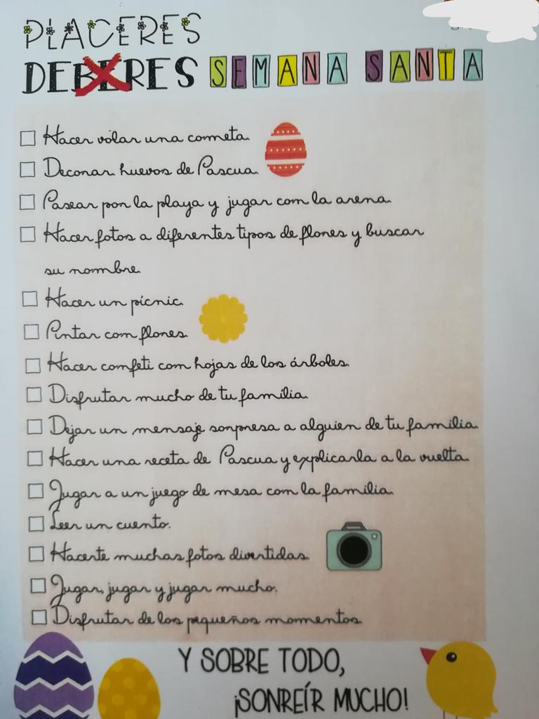 Los "deberes" que le han enviado a mi hijo para la Semana Santa me encantan. Yo también pienso hacerlos todos 😁 #Deberes #Cole