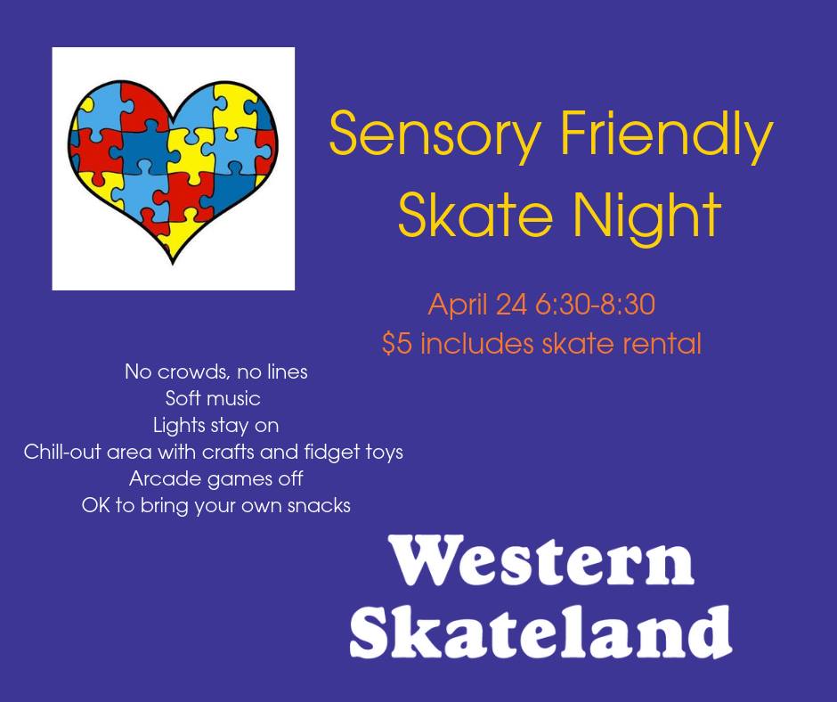 westernskatelnd's tweet photo. We've designed our 6:30-8:30 session on April 24 for people who enjoy a low-key sensory friendly environment. More information here: https://t.co/Le0RaMRDwO https://t.co/JwsWntr9U0