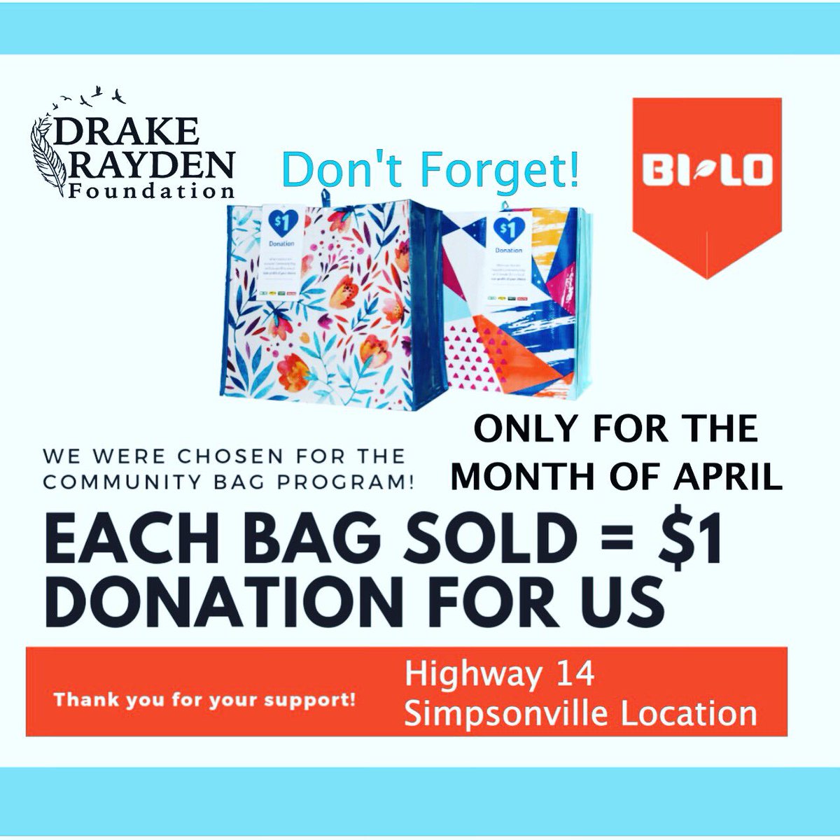 Grab your Bag today! 

We were chosen for the month of April for the charity of the month at 
BiLo off Highway 14 Simpsonville!!!! 

#Grabyourbag, #Cureisinthebag, #Onestoneatatime, #FindingACure4NKH, #HEisEnough, #AprilOnly, #DRF, #SavingDrake