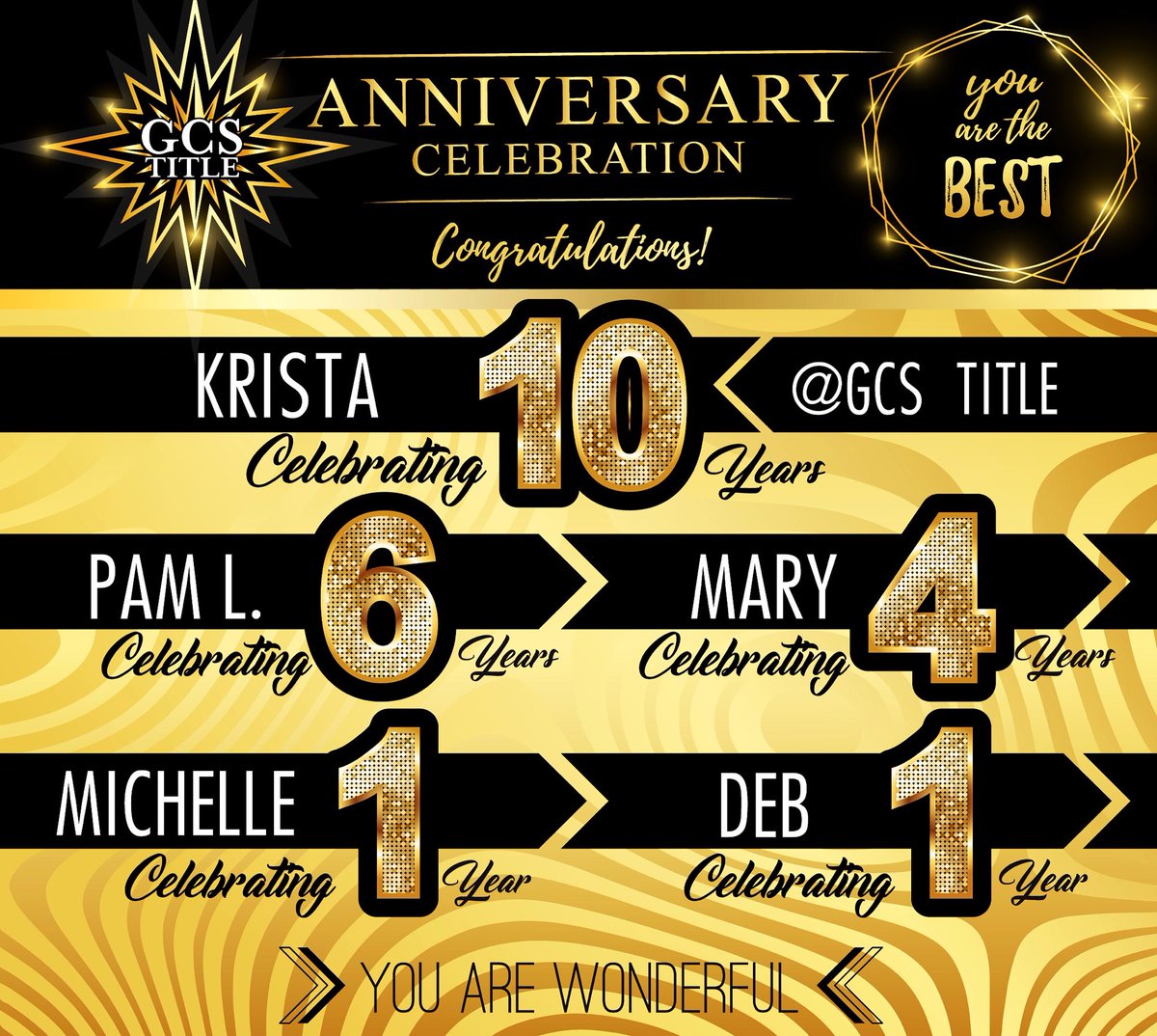 GCSTitle's tweet photo. ⭐️⭐️Happy Anniversary to these 5 Amazing GCS Title Leaders! ⭐️⭐️
Wishing you all a wonderful work anniversary month!
⭐️⭐️
⭐️⭐️ #workanniversary #thankyou #employees #CONGRATULATIONS #gcstitle https://t.co/MYfl8jBzCk