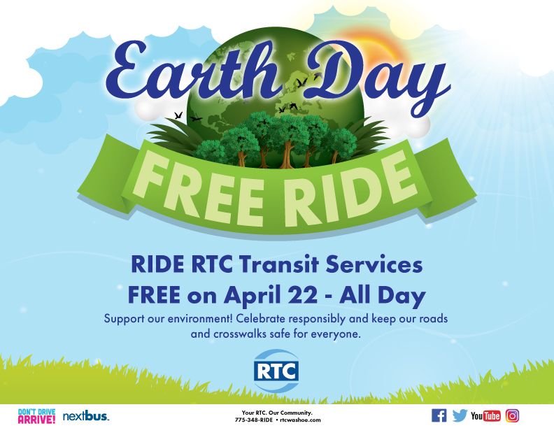 RTCWashoe's tweet image. #EarthDay is Monday, April 22 and we're celebrating with FREE transit! 
Plan your trip: rtcwashoe.com. 
Learn more: rtcwashoe.com/news/ride-rtc-….