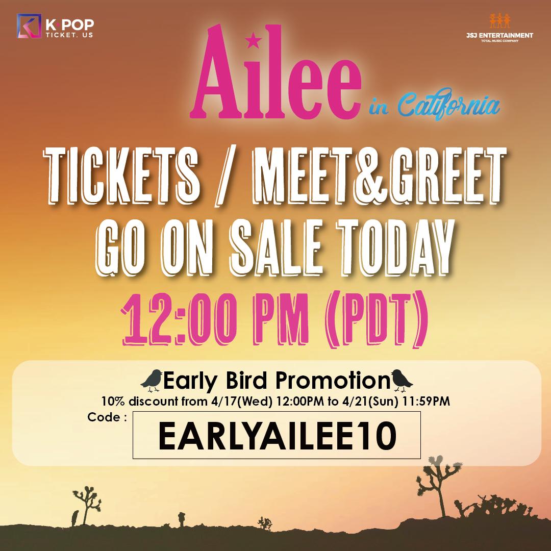 JSJEntertainme1's tweet photo. REMINDER!!! 
TICKETS and MEET &amp; GREET PACKAGES go on sale TODAY at 12:00PM (PDT) at https://t.co/ASDkorzl97!!!
 **EARLY BIRD PROMOTIONAL EVENT**
 “EARLYAILEE10” for a 10% discount
More Information : https://t.co/F8yLuQdwaD
#ailee #aileean #aileeans #kpop https://t.co/DrFYXaX5DM