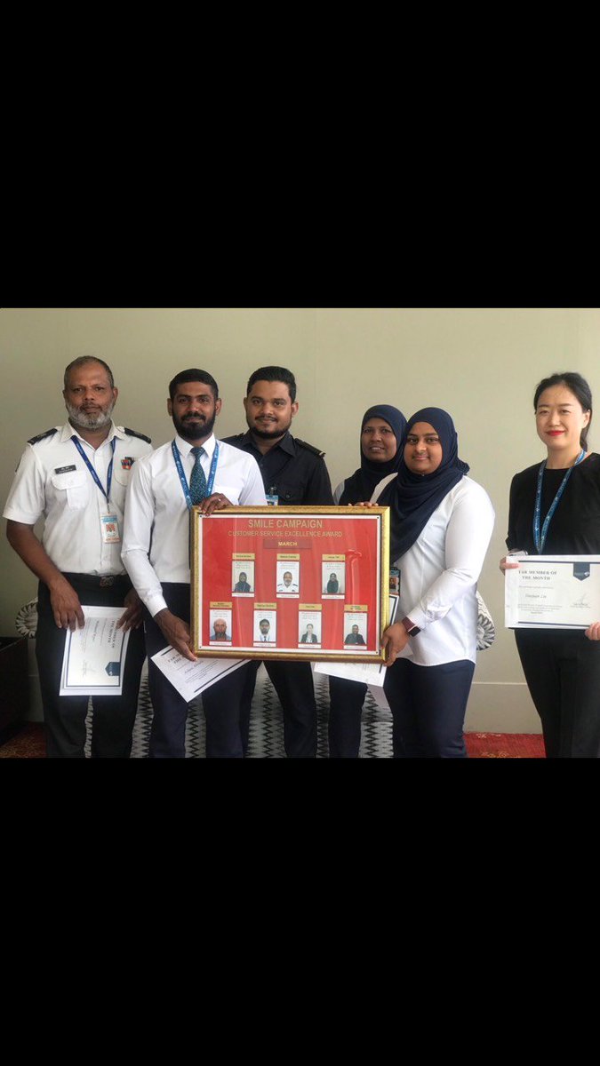 MACLmedia's tweet photo. Smile Campaign Winners of March 2019 @VelanaAirport
Xiaojuan Liu -MACL Duty Free
Ashjau Abdulla-MACL Passenger Services
Husna Ibrahim-MACL Terminal Services
Fathimath Nazza-MACL Leeli Lounge
Mohamed Samnooz - Immigration
Mohamed Riyaz - Customs 
Noorul Ameen - Aviation Security https://t.co/frmwJquaAZ