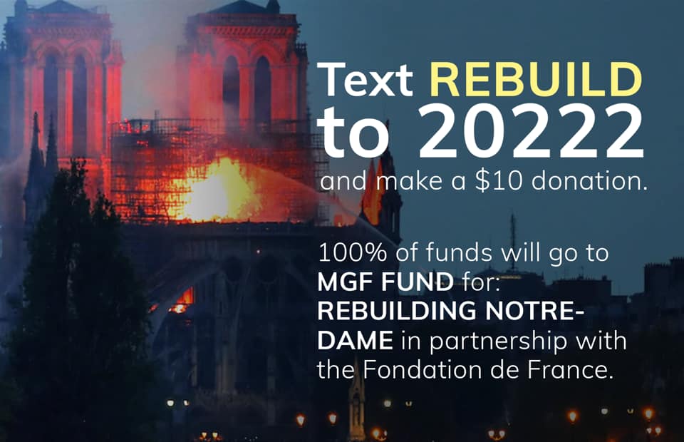 MobileGivingOrg's tweet photo. Notre Dame has a special place in the hearts of all Parisians, but it belongs to the world. We've launched a campaign across the US this morning designed to enable a small donation for those who feel compelled to support the reconstruction of this important historical, cultural, https://t.co/S4dEqEI7Nz