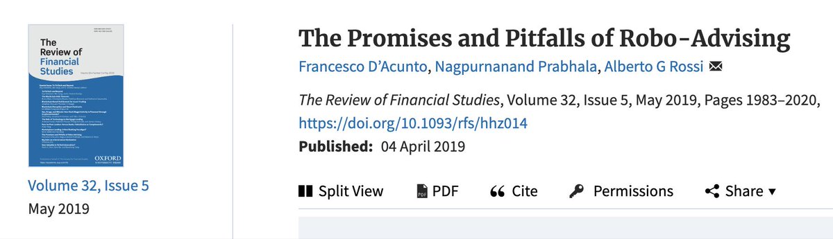 emanuele_bajo's tweet image. Promises and Pitfalls of Robo-Advising:  Investors adopting robo-advising increase stock holdings and hold portfolios with less volatility (risk) and better returns.#fintech #financialresearch #roboadvising #RFS  @OxfordJournals 
academic.oup.com/rfs/article/32…