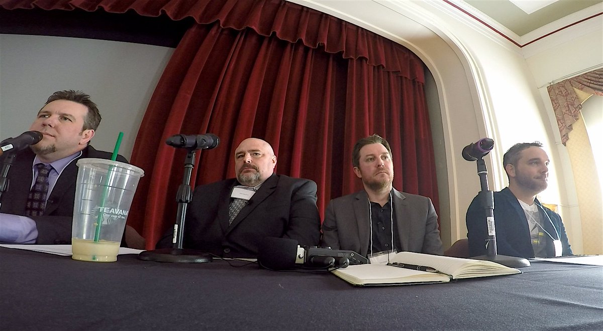 Crawlspacepod's tweet photo. Pictured here are four very intense podcasters at @TheAISOCC. Big thanks to @DetectiveMains for having us at the 2019 conference to talk about the role of #truecrime podcasters in the investigation of #coldcases. Audio & video will be released in a few weeks! #podcast #aisocc https://t.co/JV3oC31d7U