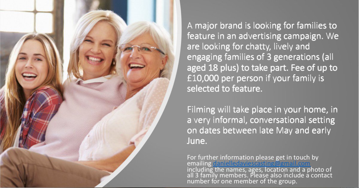 RT! CASTING CALL! Looking for families of 3 generations to talk about how life is different for you all, and how it has changed over the years. Generous fee available if selected to take part! DM for details. PLEASE RT!