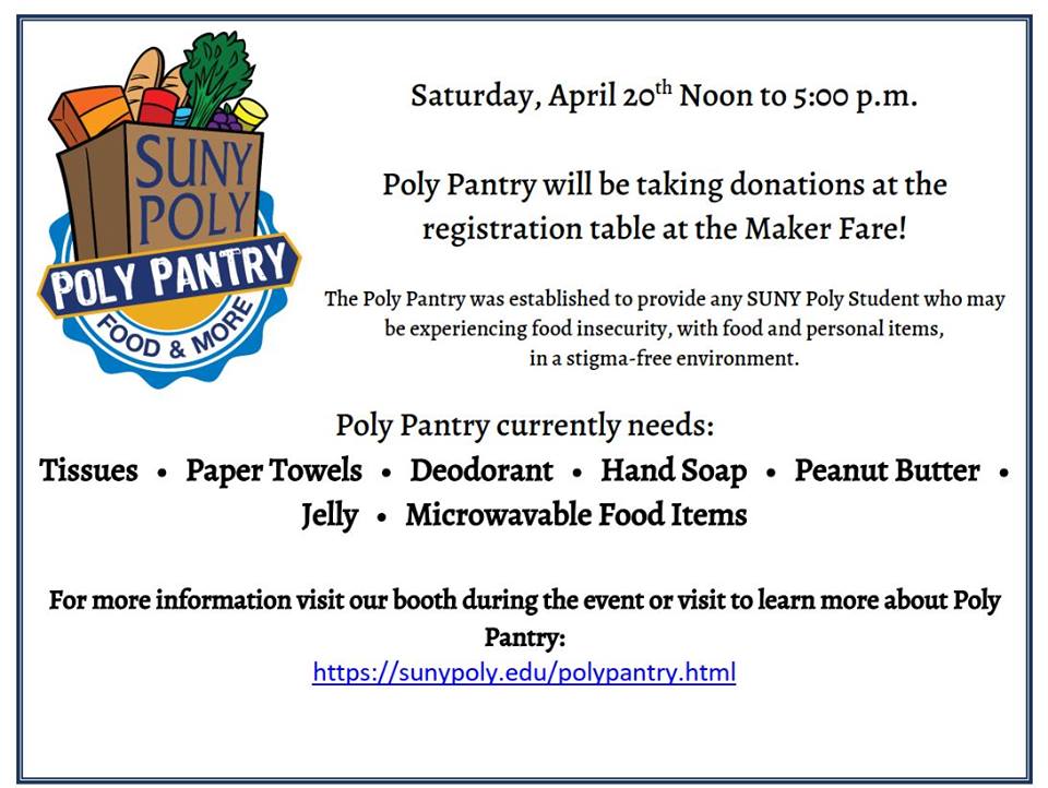 SUNYPolyInst's tweet photo. Come by the @makerfaireMV THIS SATURDAY (4/20) and make sure to help support our #PolyPantry by donating: 

Tissues
Paper Towels
Hand Soap
Peanut Butter/Jelly
Microwavable Food Items

For more information please visit https://t.co/Ntb92tmEcI https://t.co/JJcFFv7N3O