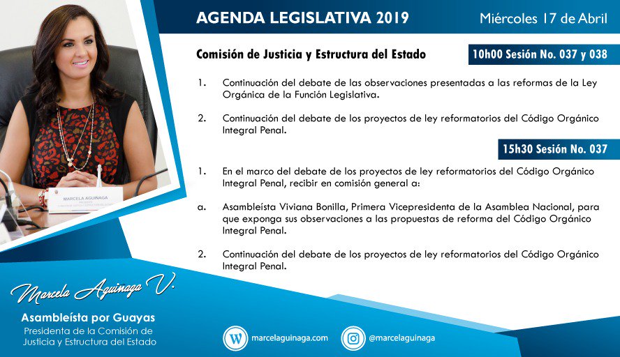 marcelaguinaga's tweet photo. Comparto la #AgendaLegislativaEc que realizaremos hoy desde @JusticiaAN: 
Continuación del debate de las reformas a #LeyFunciónLegislativa y  #COIP. ⤵️ https://t.co/yrHkLhNMwa