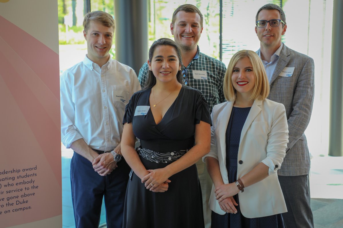 DukeEnvironment's tweet photo. Matt Brantley MEM/MF’19, Temis Coral MEM’19, Justin Lana MS’12/PhD’19, Stephanie Stefanski PhD’19 and Reed Perry MEM'19 received the 2019 @DukeAlumni Forever Duke Student Leadership Award. Sarah Loftus PhD’19 (not pictured) was also recognized with the award. https://t.co/8ittJWQVVy