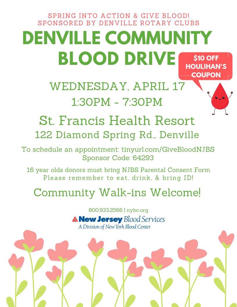 Denville Community Blood Drive TODAY Wed 4/17 b/w 1:30p-7:30p. Donors will receive a $10 off @HoulihansNJ coupon as a thank you. Walk-ins welcome! @iDenville @denvillenj