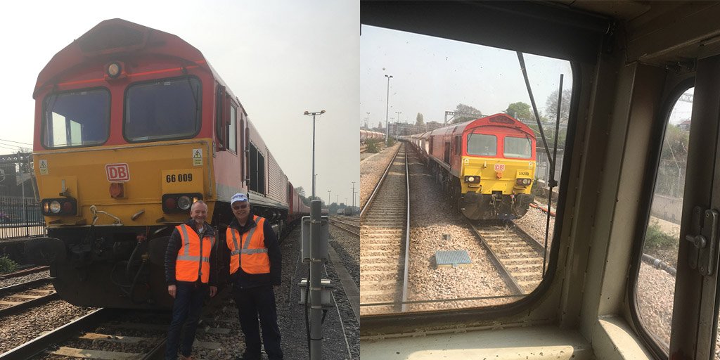DBCargoUK's tweet photo. Our Head of Sales Roger Neary has been visiting our team at #Westbury today. Here's his view from the cab of a #Class66 loco carrying out it's duties. #FirstChoiceForRailFreight #ProudOfOurPeople #DBCargoUK https://t.co/Mef3Oy3SSu