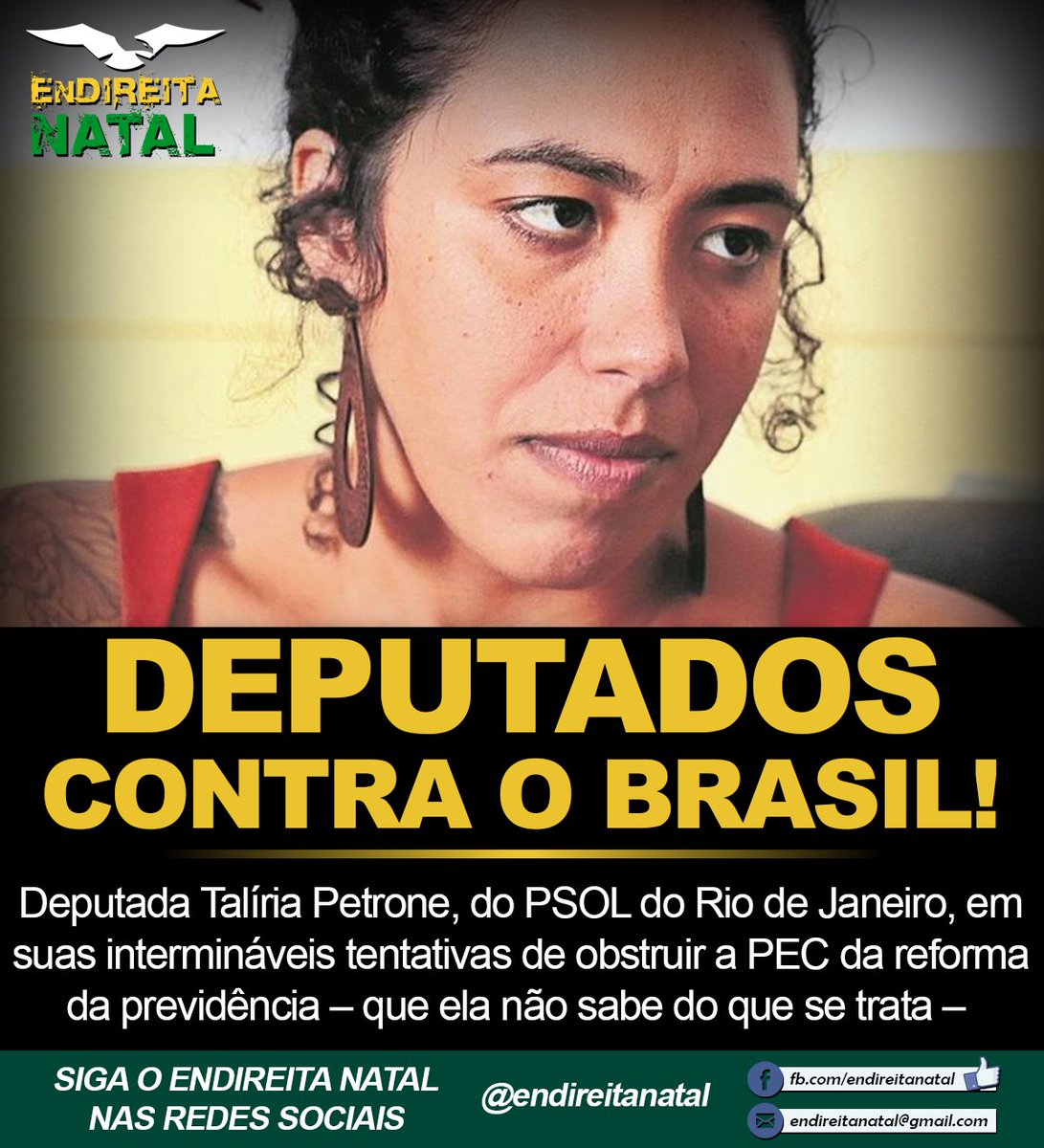 endireitanatal's tweet photo. Mais uma dessas lambanças de deputados federais: a deputada Talíria Petrone, do PSOL do Rio de Janeiro, em suas intermináveis tentativas de obstruir... #Previdencia #EuApoioNovaPrevidencia #CCJ #STFNaoVaiNosCalar https://t.co/WkxdnHMdXV https://t.co/8n6jbNityC