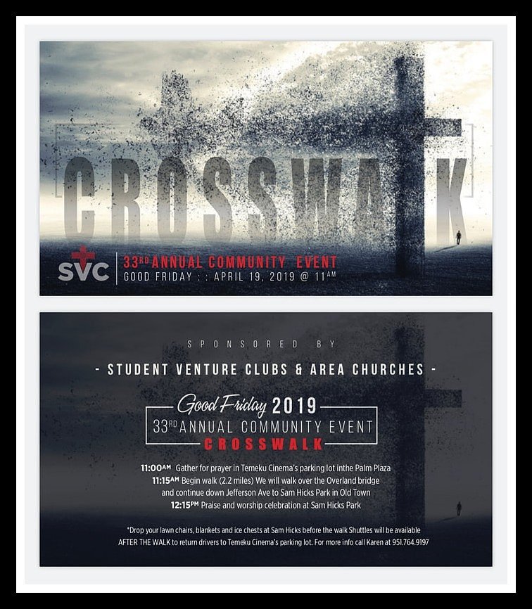 HeritageSVC's tweet photo. 33rd ANNUAL CROSSWALK Come join us on Good Friday, April 19. The walk begins at the Temeku Cinemas parking lot at 11:00 AM. We suggest you arrive by 10:15-10:30 AM for parking and pre-walk instructions 🌟🌟🌟
https://t.co/CR64GjSd8w
#studentventureclub #svc #GoodFriday https://t.co/Drd0Xz5oOb