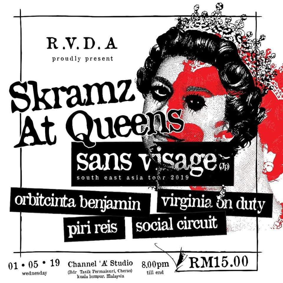 Sans Visage (JP) Tour

SINGAPORE 
27/4 - Lithe House - Singapore

MALAYSIA
●28/4 -Pulse Volume Six - Lotus Jamming Studio - Johor
●29/4 - Durhake Session vol six - Adam Music Studio (Melaka)
●1/5 - Skramz At Queens - R.V.D.A (Kuala Lumpur)

#rvda