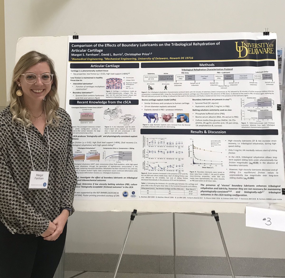 margotfarnham1's tweet photo. It’s CBER day at UD!! Ever wondered about the viscosity of synovial fluid??Probably not...but stop by poster #3 if you want to hear about my most recent work regarding lubrication of cartilage 🤓 #biomechanics #articularcartilage #UDBME #WomenInScience https://t.co/MDfw0RmSsi