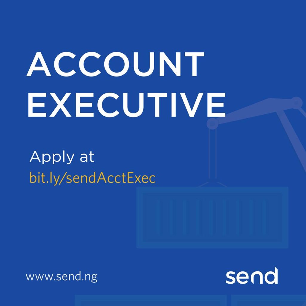 SendFreight's tweet photo. Hey guys, we are hiring an Account Executive.
Come join us make shipping in Nigeria & Africa easier and more affordable.
Tell & tag your friends.
Apply here โ> https://t.co/HYTt805mdM
#SendDelivery #fastdelivery #worldwidedelivery #logistics #sendng #jobopportunity https://t.co/cqwk7dXucB