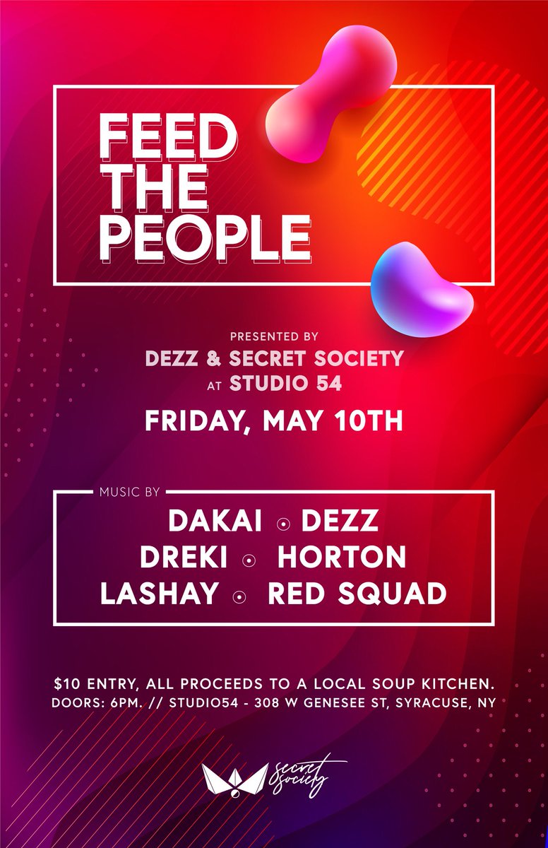 secretsocietypr's tweet photo. We are giving back to the community on May 10th with Feed The People!

Join an all-star local line up as we get food into pantries and cupboards across the city.

Join Dakai, Dezz, @Dreki_Music, @hortondubz, Red Squad and Lashay as they tear up Studio 54. https://t.co/vWft7qrkwx
