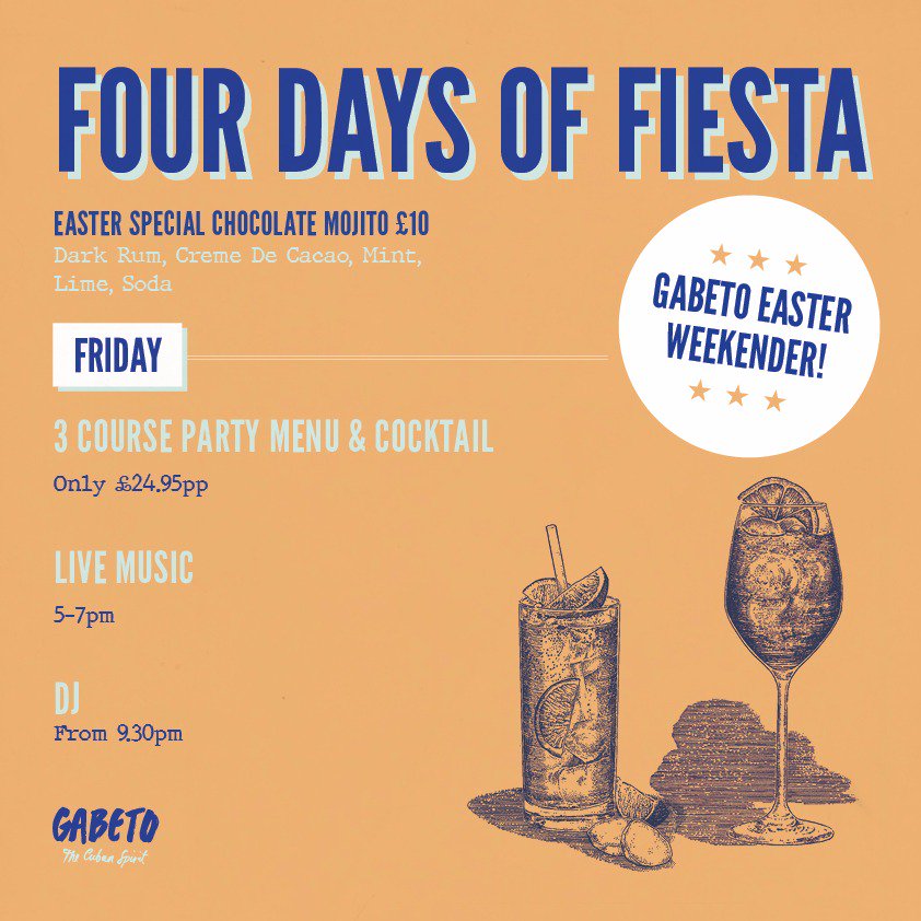 ☀️🍹🐣 EASTER WEEKEND 🐣🍹☀️

We'll be celebrating from Thursday through to Monday with a range of exciting stuff to get involved in, from DJs &amp; live music to amazing deals on &amp; food drinks!

_________________
gabeto.co.uk